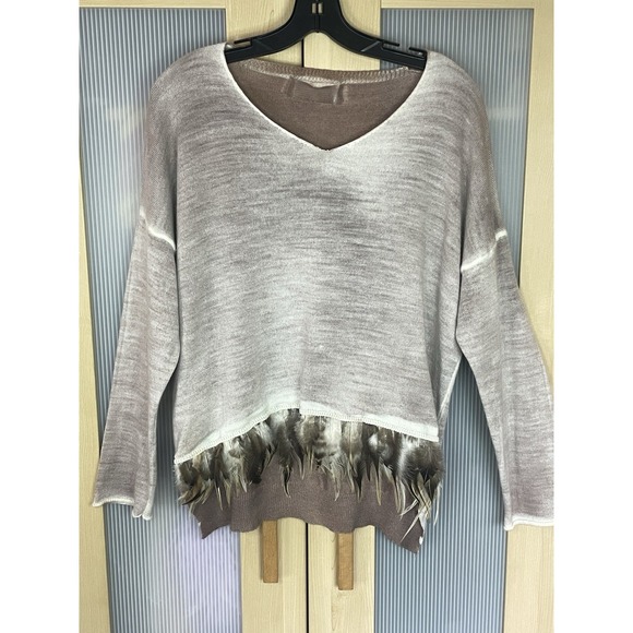 Sweaters - Wool Sweater Womens Sz M Pullover Textured Feather Fringe Trim Boho Lightweight